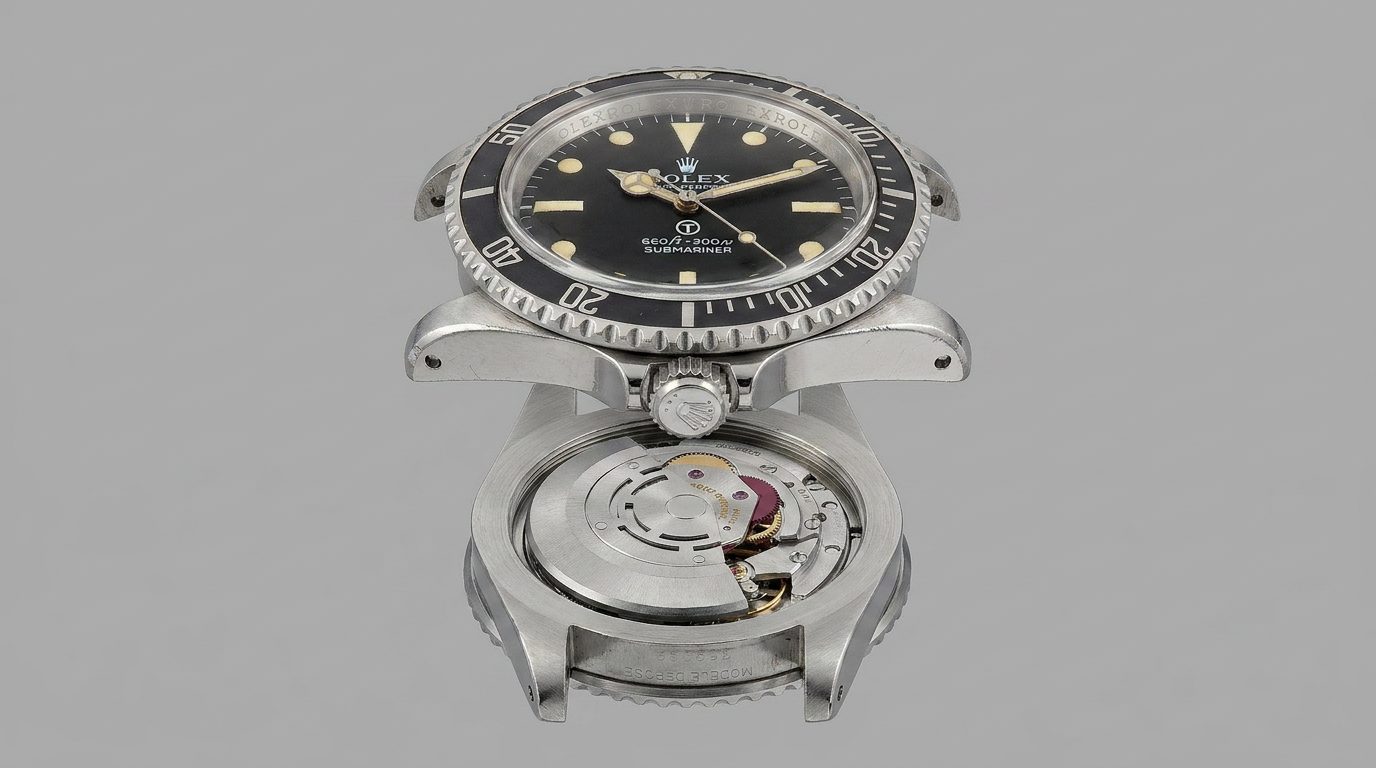 Sum-of-parts anatomy, authentic OEM dial, bezel and hands lifted away from the cloned chassis